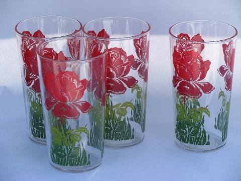 red roses print, vintage kitchen glass tumblers, four swanky swigs glasses