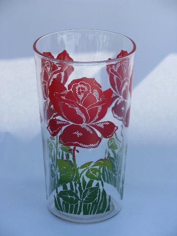 red roses print, vintage kitchen glass tumblers, four swanky swigs glasses