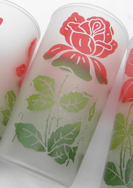 red roses vintage frosted glass drinking glasses, set of 6 retro swanky swigs tumblers