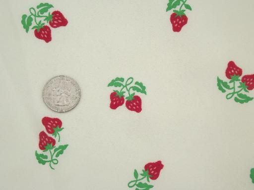 red strawberries flocked fabric, retro 60s 70s vintage poly  crepe fabric