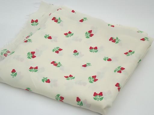 red strawberries flocked fabric, retro 60s 70s vintage poly  crepe fabric