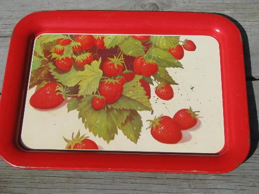 red strawberries print 50s vintage metal TV meal lap trays set of 8