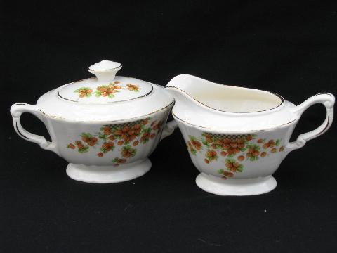 red strawberries, vintage Crown Potteries strawberry china cream pitcher & sugar set