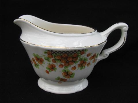 red strawberries, vintage Crown Potteries strawberry china cream pitcher & sugar set