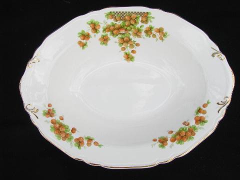 red strawberries, vintage Crown Potteries strawberry china, lot of serving bowls