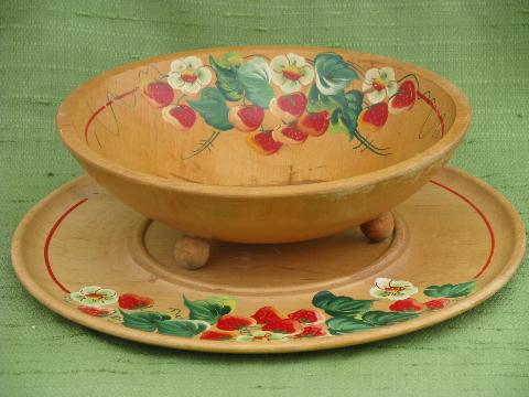 red strawberries vintage painted wood sandwich tray & salad bowl