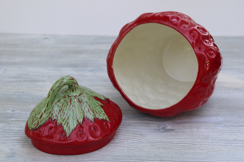 red strawberry cookie jar, berry shape handmade ceramic canister, 1980s vintage