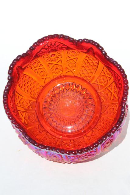 red sunset carnival glass rose bowl, Heirloom pattern vintage Indiana glass