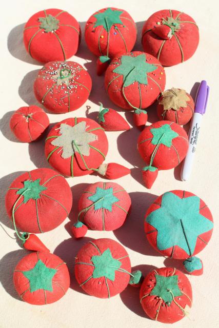 red tomato pincushions, vintage pin cushion collection in primitive wood box bowl