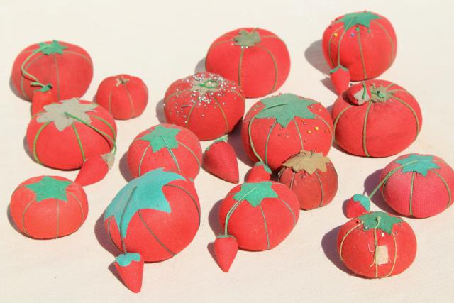 red tomato pincushions, vintage pin cushion collection in primitive wood box bowl