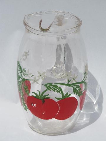 red tomatoes print, 1950s vintage kitchen glass tomato juice pitcher