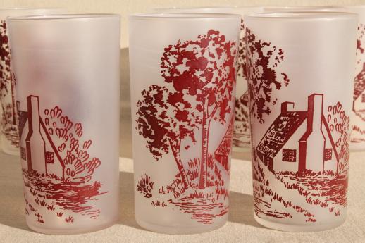 red & white Currier and Ives drinking glasses, vintage glassware set of 8 tumblers