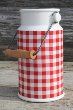 red & white gingham checked ceramic spoon jar, cream can shape - vintage Enesco Japan