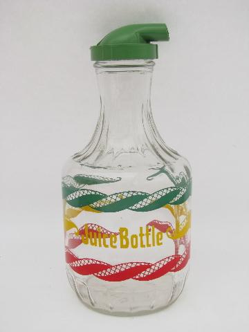 retro 1950s red / green / yellow striped glass refrigerator juice bottle