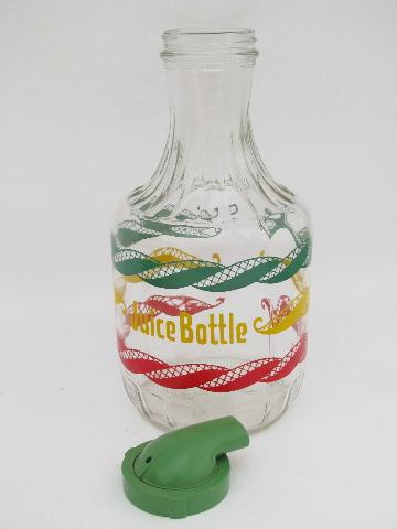 retro 1950s red / green / yellow striped glass refrigerator juice bottle