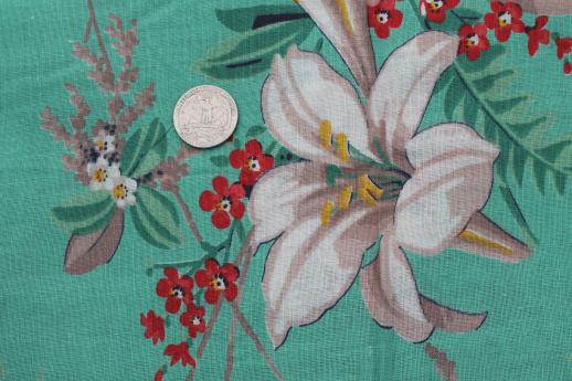 retro 1950s vintage floral print cotton fabric, large lilies on jade green