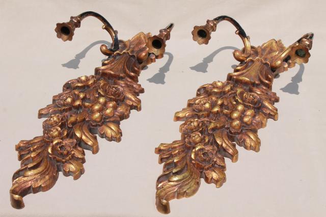 retro 1970s vintage gold Syroco plastic wall sconce set, pair of huge candle sconces