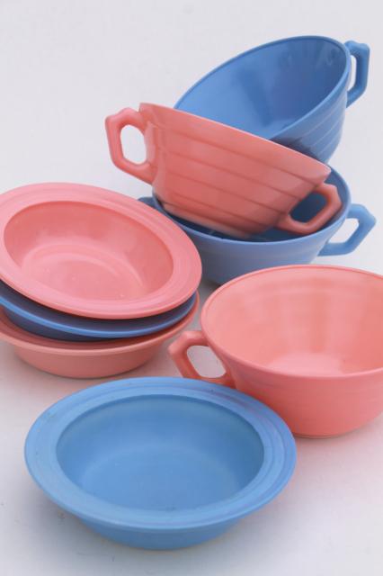 retro 50s vintage Hazel Atlas Moderntone platonite bowls & cream soups, pastel pink & blue