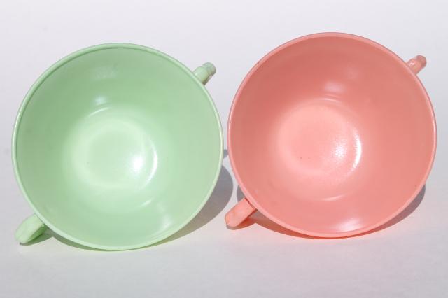 retro 50s vintage Hazel Atlas Moderntone platonite pastels cream soup bowls, pastel colors
