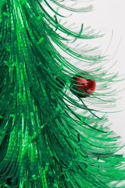 retro 60s vintage Christmas decoration, fluffy green tinsel shag tabletop tree