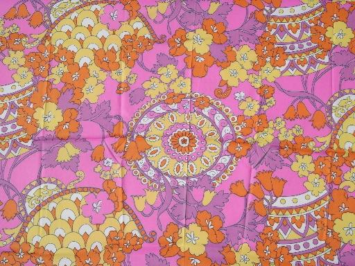 retro 60s vintage hot pink paisley floral print poly crepe fabric