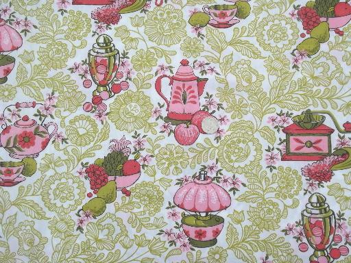 retro 60s vintage kitchen print cotton fabric, candy pink & yellow gold