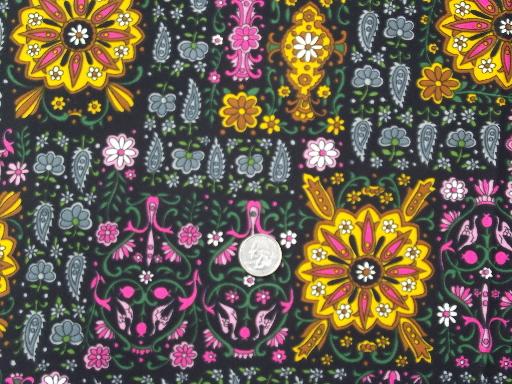 retro 60s vintage poly tricot knit fabric, India style print brights on black