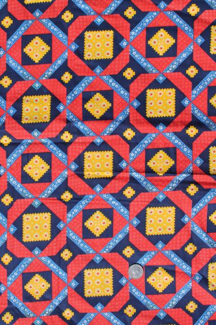retro 70s patchwork quilt print cotton fabric w/ bright primary color blocks