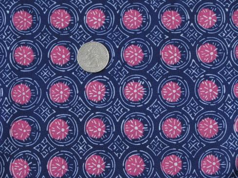 retro 70s poly tricot jersey knit fabric, mod print in blue and pink