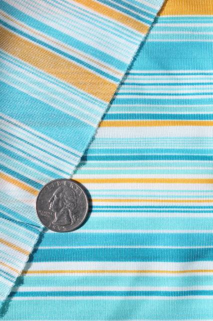 retro 70s polyester fabric, vintage poly tricot knit aqua / yellow stripe
