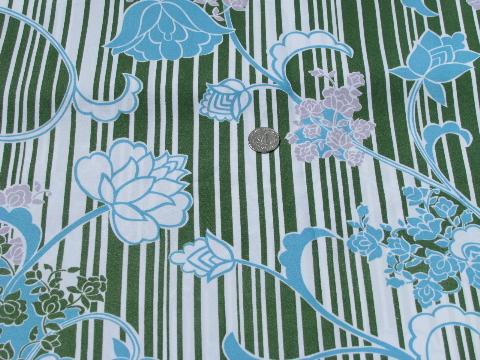 retro 70s silky poly fabric, mod floral print on avocado green stripes