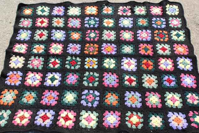 retro 80s colors crocheted granny square afghan, vintage crochet lap blanket throw