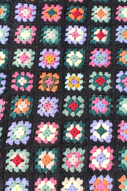 retro 80s colors crocheted granny square afghan, vintage crochet lap blanket throw