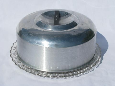 retro aluminum cake keeper cover w/ vintage glass cake plate