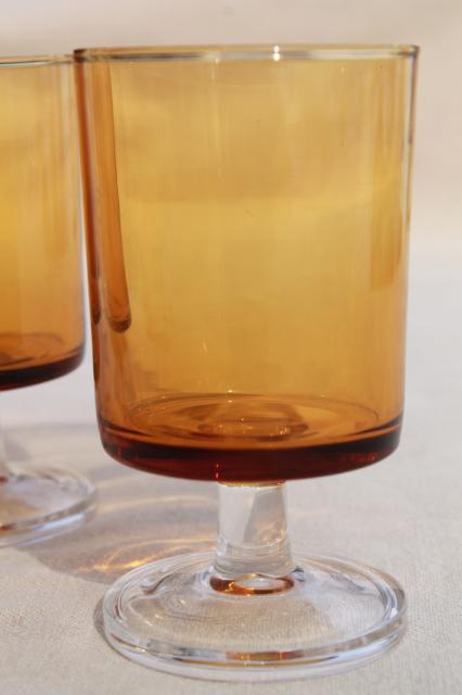 retro amber / clear glass stemmed glasses, vintage Luminarc - France Cavalier pattern