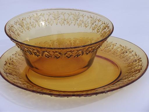 retro amber glassware dishes, glass soup bowls and plates set for 6