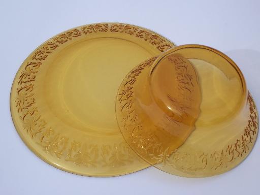 retro amber glassware dishes, glass soup bowls and plates set for 6