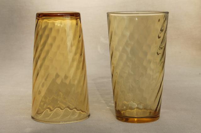 retro amber gold glass tumblers, set of 12 drinking glasses spiral optic pattern