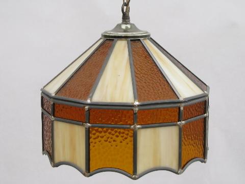 retro amber / slag stained leaded glass hanging light lamp shade