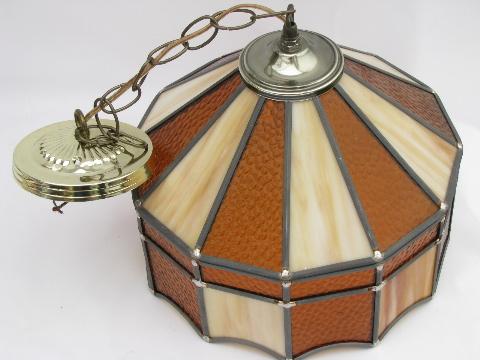 retro amber / slag stained leaded glass hanging light lamp shade