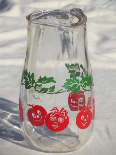 retro anthropomorphic tomato juice pitcher, happy tomatoes kitchen glass 