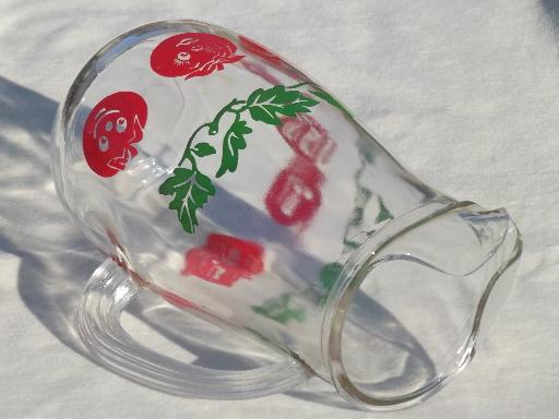 retro anthropomorphic tomato juice pitcher, happy tomatoes kitchen glass 