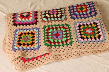 retro bright colors scrap yarn granny squares afghan / throw blanket, 70s vintage