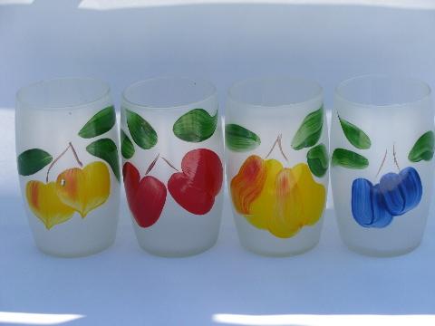 retro bright fruit, vintage hand-painted glasses, frosted glass tumblers lot