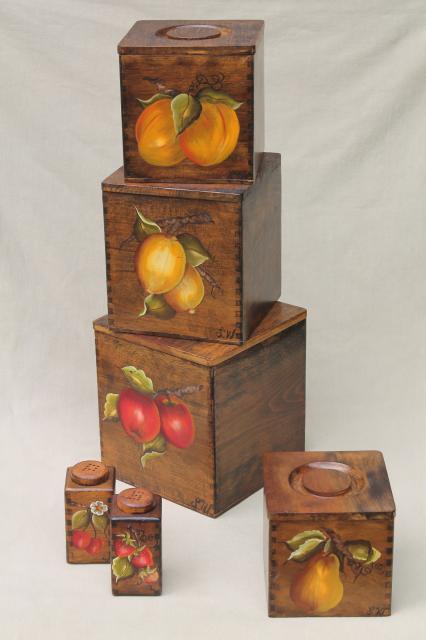 retro country kitchen wood box canisters w/ hand-painted fruit, tole paint canister set