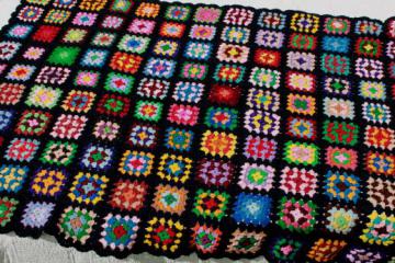 retro crochet granny square afghan blanket, kaleidoscope of colors on black