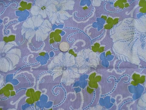 retro floral print 60s vintage cotton blend fabric, white flowers on lavender