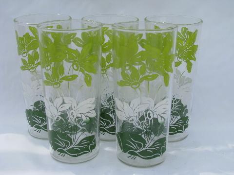 retro flower print glasses, set of vintage kitchen glass tumblers