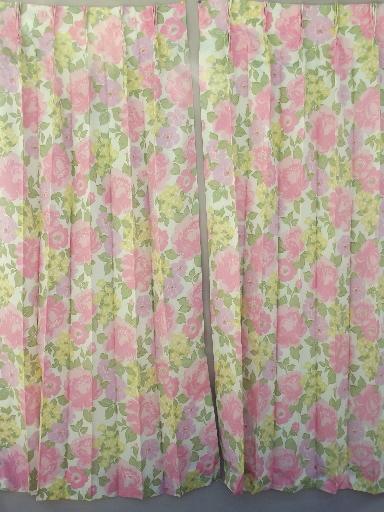 retro flowers curtain panels, 60s 70s vintage taffeta fabric curtains 