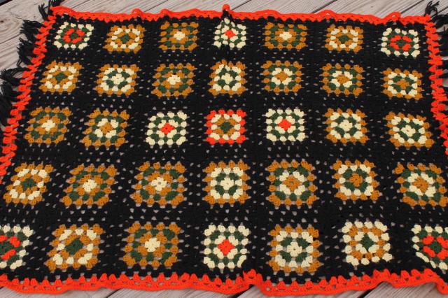 retro fringe crochet afghan blanket, 70s vintage fall harvest colors & black